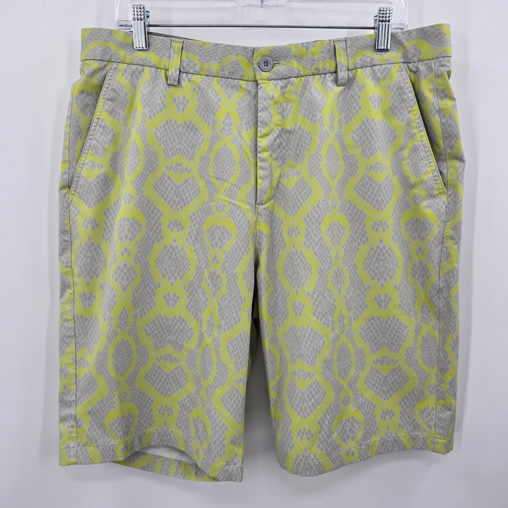 Hreski Mens Golf Shorts Size 36‎ Neon Yellow Grey Snakeskin Geometric Flat Front